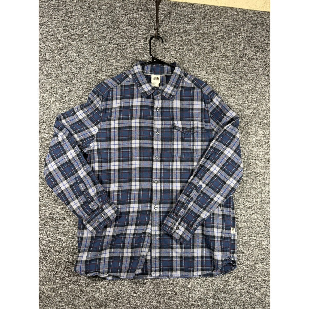 The North Face Mens XL Blue Grey Plaid Cotton Flannel Long Sleeve‎ Button Shirt